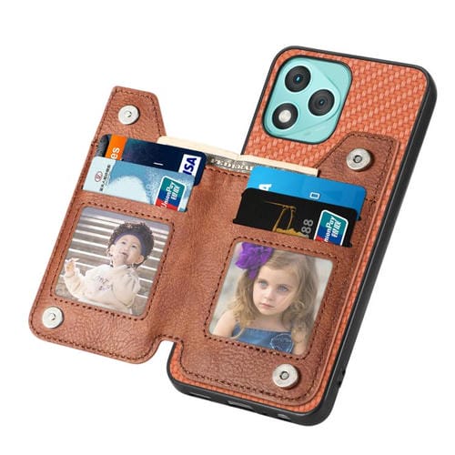 Funda de teléfono con tapa horizontal y cremallera de fibra de carbono para Honor 400 Lite (marrón)