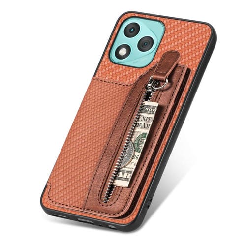 Funda de teléfono con tapa horizontal y cremallera de fibra de carbono para Honor 400 Lite (marrón)