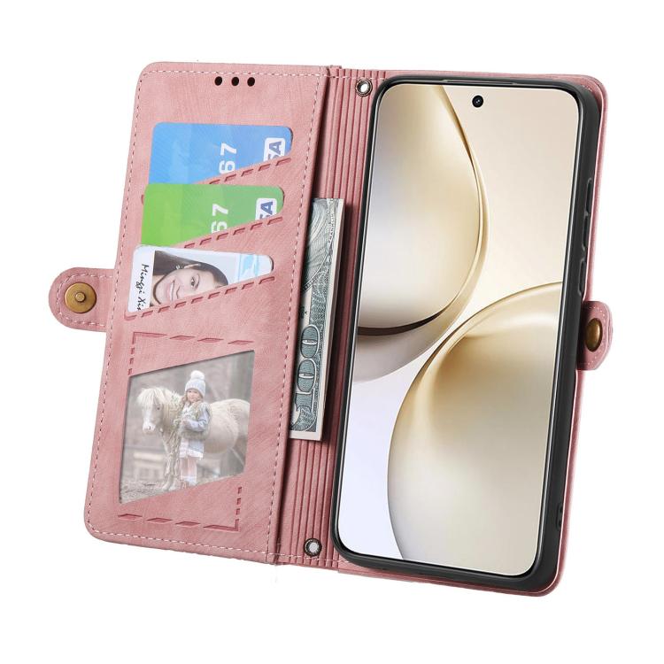 Funda de Cuero con Hebilla Lateral y Cremallera Geométrica para Realme 14 Pro+ (Rosa)