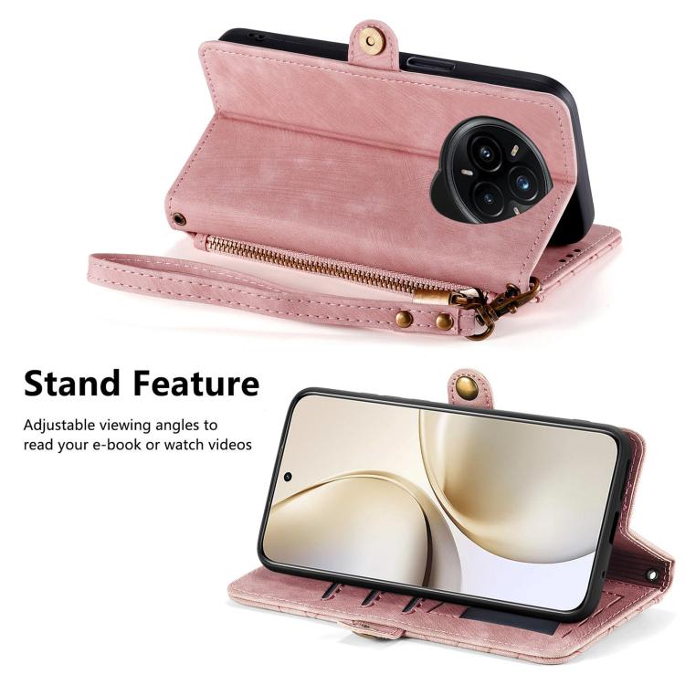 Funda de Cuero con Hebilla Lateral y Cremallera Geométrica para Realme 14 Pro+ (Rosa)