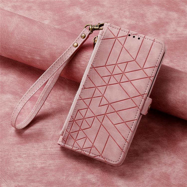Funda de Cuero con Hebilla Lateral y Cremallera Geométrica para Realme 14 Pro+ (Rosa)