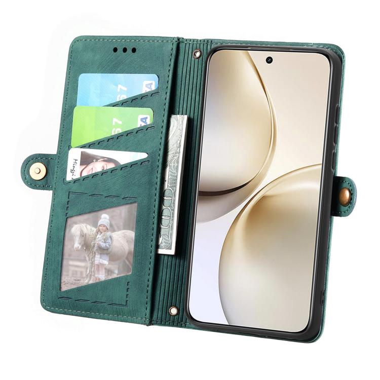 Funda de Cuero con Hebilla Lateral y Cremallera Geométrica para Realme 14 Pro+ (Verde)