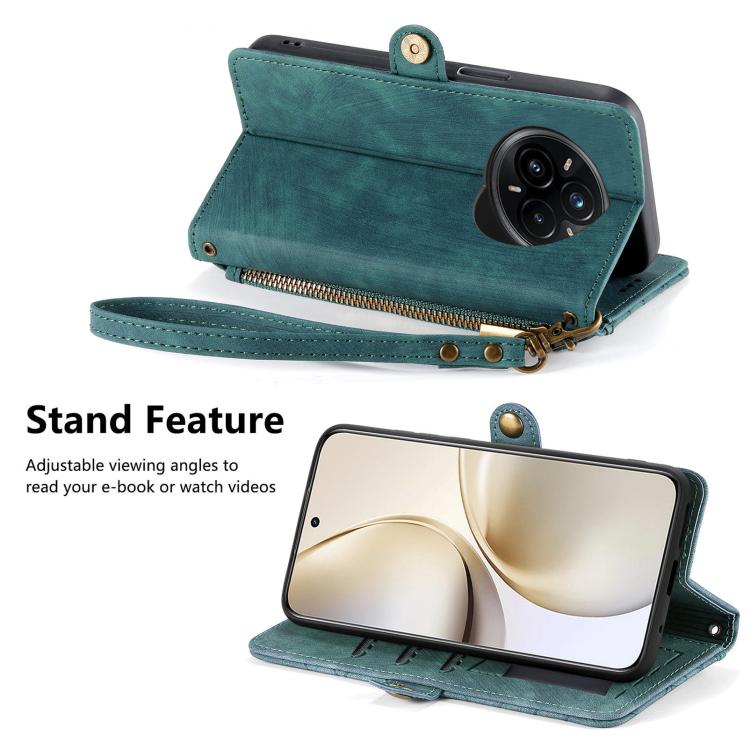 Funda de Cuero con Hebilla Lateral y Cremallera Geométrica para Realme 14 Pro+ (Verde)