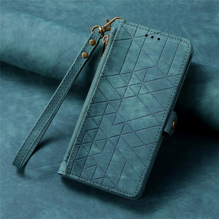 Funda de Cuero con Hebilla Lateral y Cremallera Geométrica para Realme 14 Pro+ (Verde)