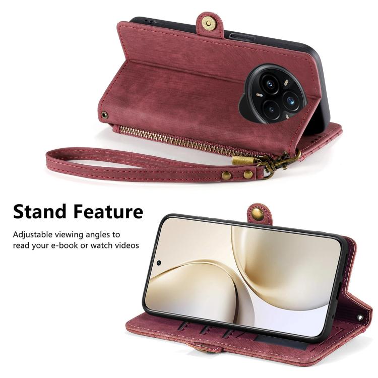 Funda de Cuero con Hebilla Lateral y Cremallera Geométrica para Realme 14 Pro+ (Roja)