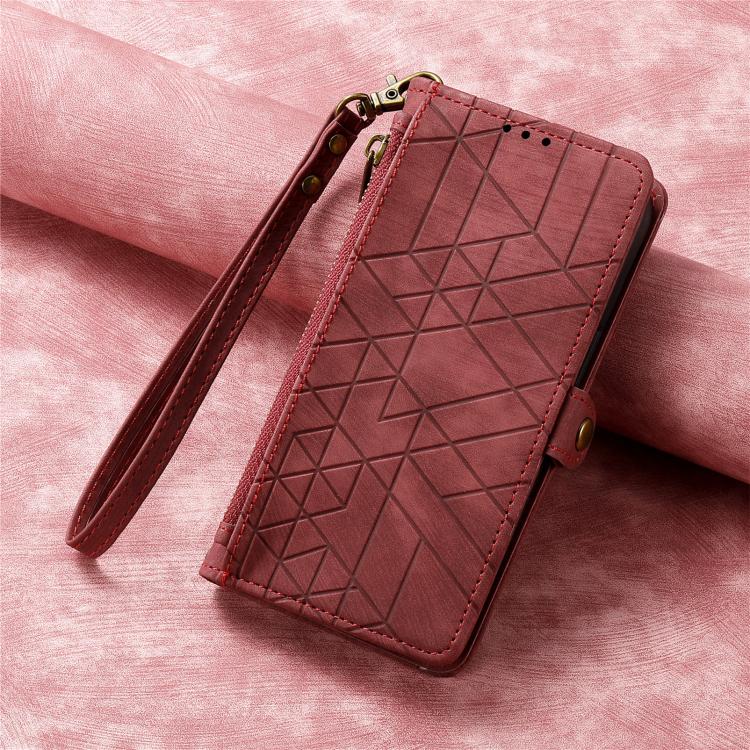 Funda de Cuero con Hebilla Lateral y Cremallera Geométrica para Realme 14 Pro+ (Roja)