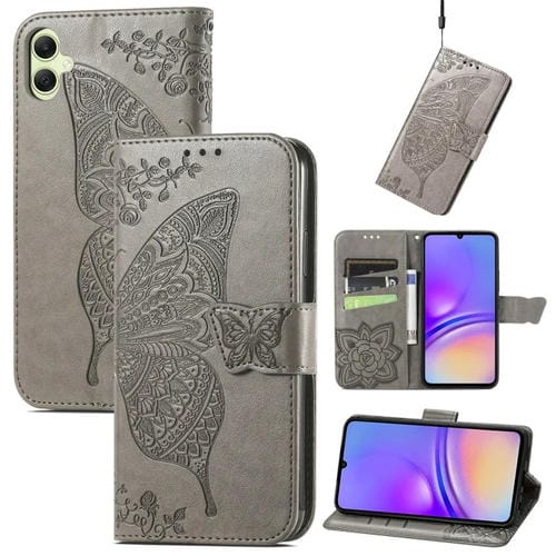 Funda para Teléfono Samsung Galaxy A05 Cuero con Relieve Flor de Amor y Mariposa (Gris)