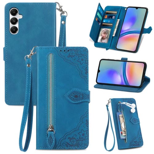 Funda de Cuero Samsung Galaxy A05S con Cremallera y Flores en Relieve (Azul)