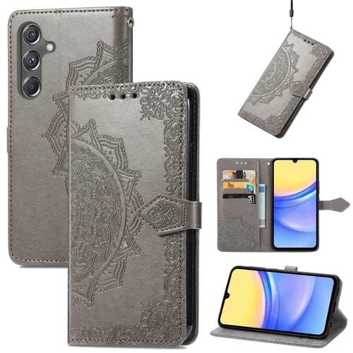 Funda para Teléfono Samsung Galaxy A15 Cuero Relieve Flores Mandala (Gris)