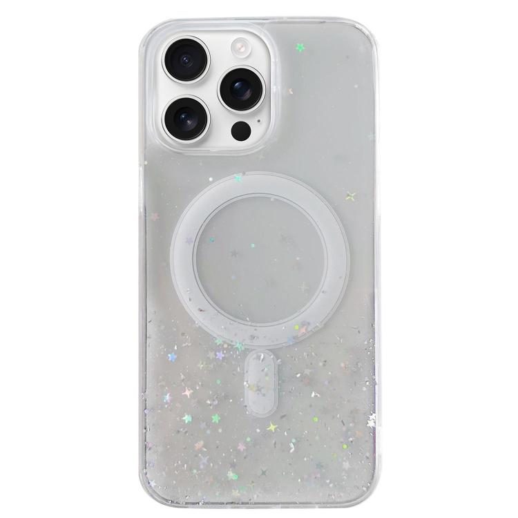 Funda híbrida de TPU transparente con purpurina MagSafe para iPhone 16 Pro Max (blanca)
