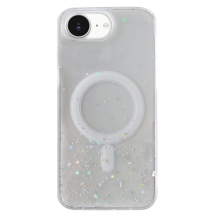 Funda híbrida de TPU transparente con purpurina MagSafe para iPhone 16e (blanca)