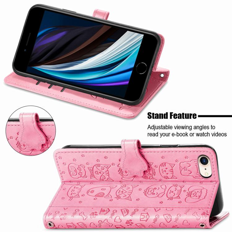 Funda de Piel con Relieve de Gato y Perro para iPhone 16E (Rosa)