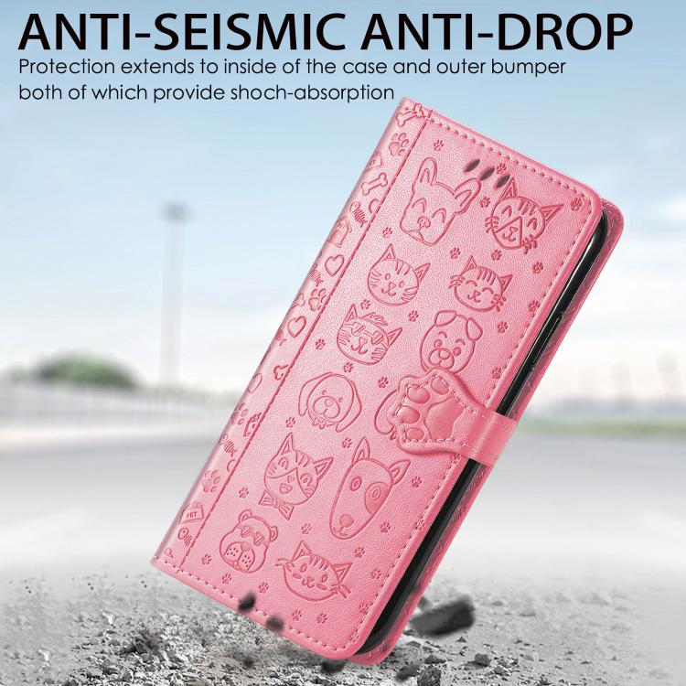 Funda de Piel con Relieve de Gato y Perro para iPhone 16E (Rosa)