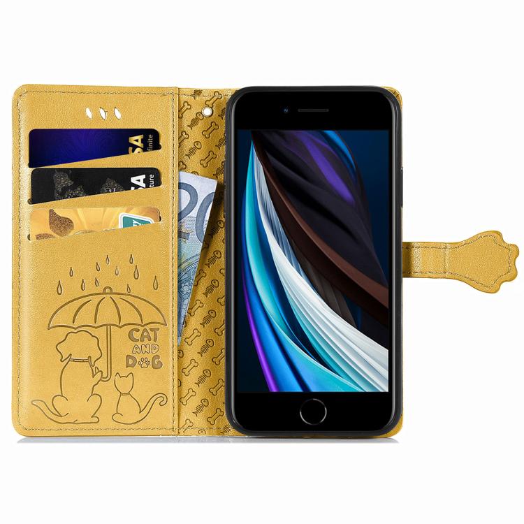 Funda de Piel con Relieve de Gato y Perro para iPhone 16E (Amarilla)