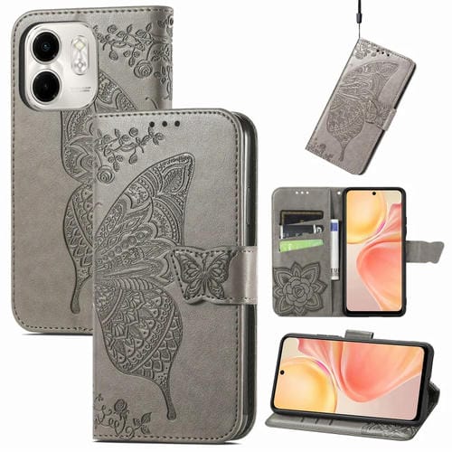 Funda de Cuero con Relieve Mariposa y Flor para Infinix Smart 9 (Gris)