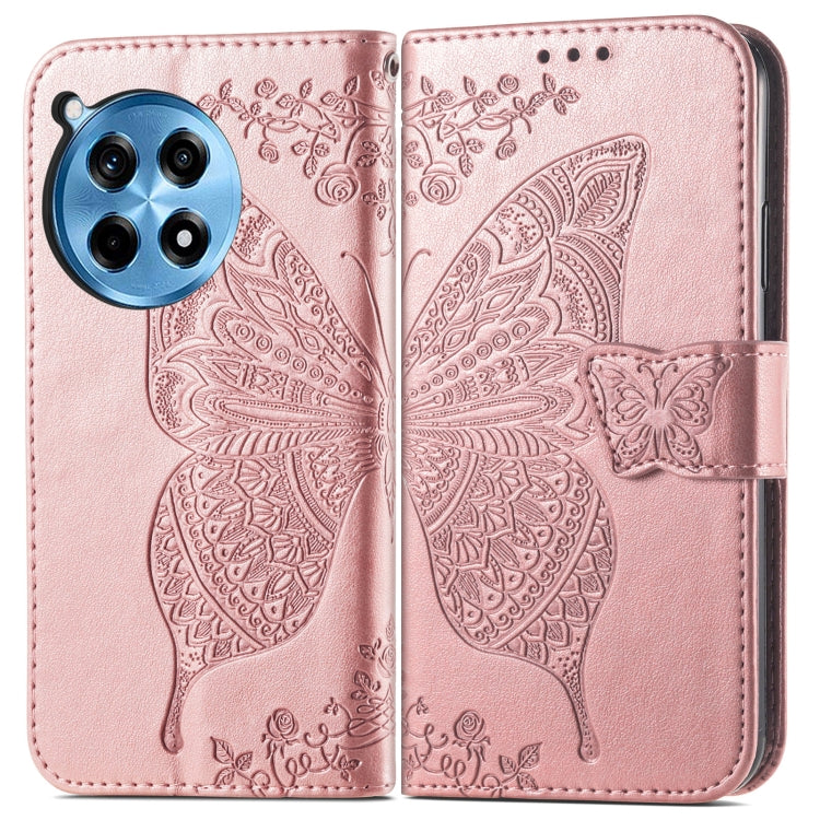 Funda de Cuero para OnePlus Ace 3 Pro con Relieve Mariposa y Flor (Oro Rosa)