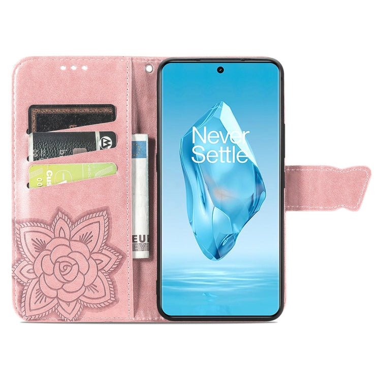 Funda de Cuero para OnePlus Ace 3 Pro con Relieve Mariposa y Flor (Oro Rosa)