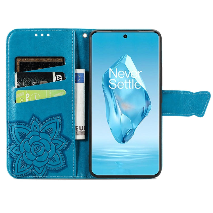 Funda de Cuero con Relieve Mariposa y Flor para OnePlus Ace 3 Pro (Azul)