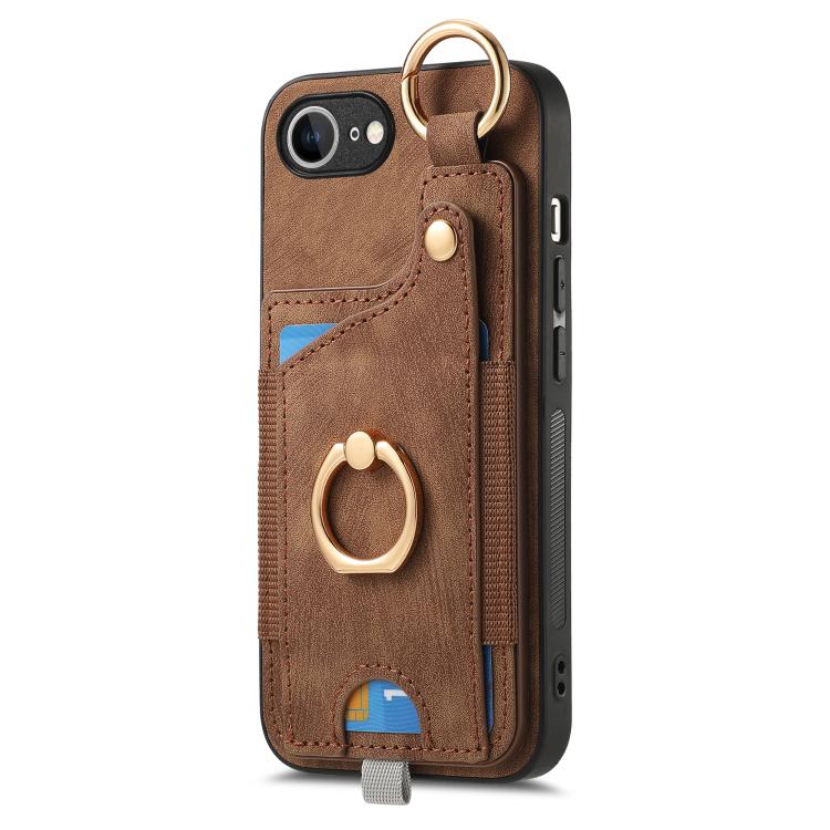 Funda para Teléfono iPhone 16E con Anillo Tarjetero Estilo Retro Asa para Colgar (Marrón)