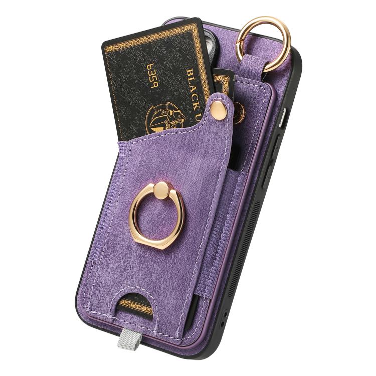 Funda para Teléfono iPhone 16E con Anillo y Tarjetero Estilo Retro con Asa para Colgar (Morado)