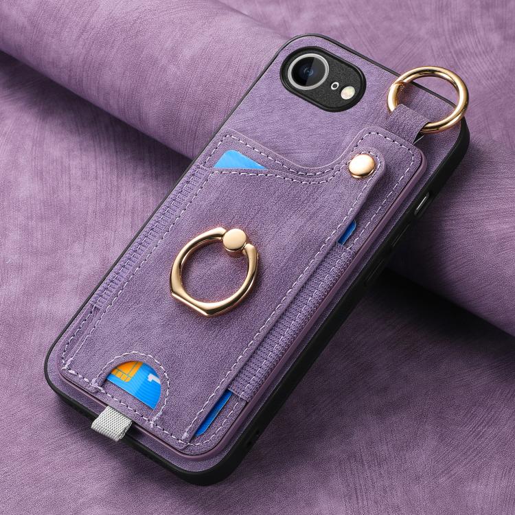 Funda para Teléfono iPhone 16E con Anillo y Tarjetero Estilo Retro con Asa para Colgar (Morado)