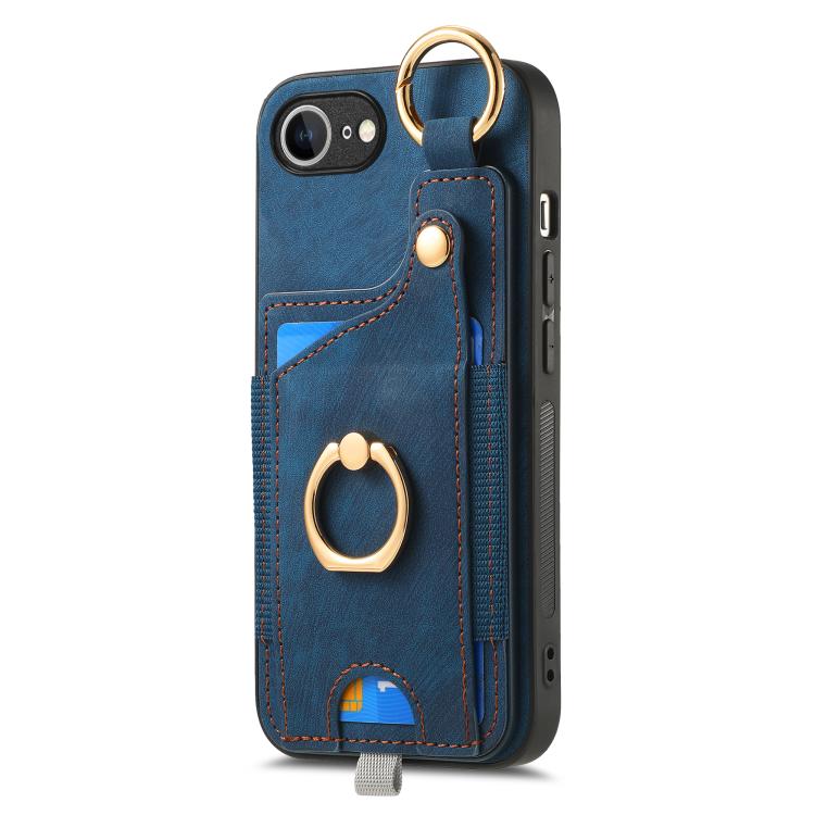 Funda para Teléfono iPhone 16E con Anillo y Tarjetero Estilo Retro con Asa para Colgar (Azul)