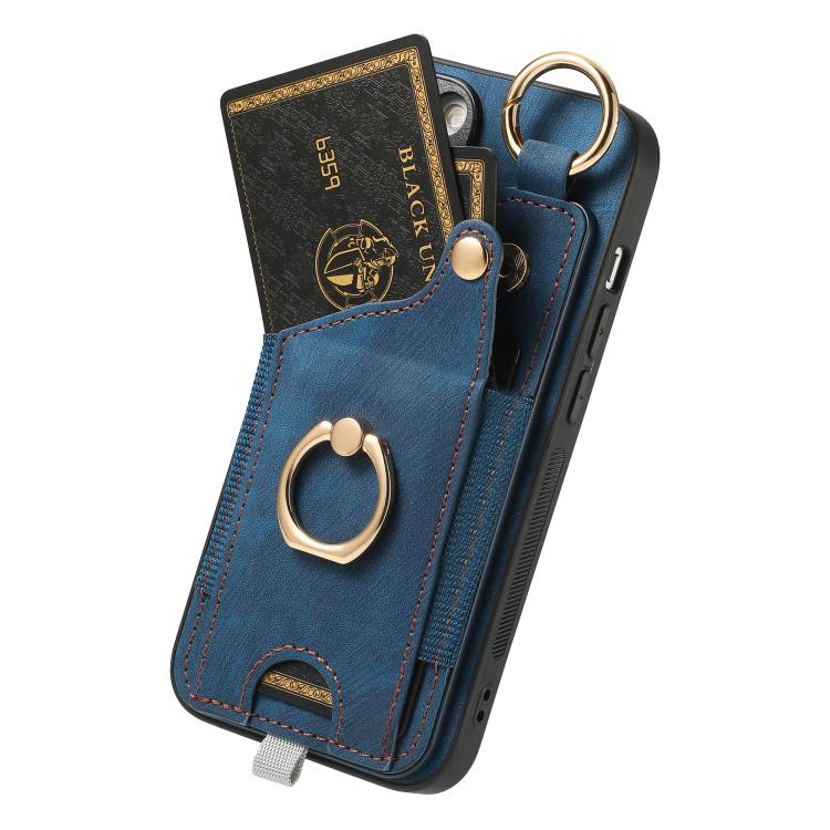 Funda para Teléfono iPhone 16E con Anillo y Tarjetero Estilo Retro con Asa para Colgar (Azul)