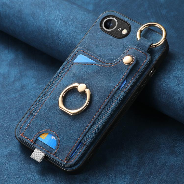 Funda para Teléfono iPhone 16E con Anillo y Tarjetero Estilo Retro con Asa para Colgar (Azul)