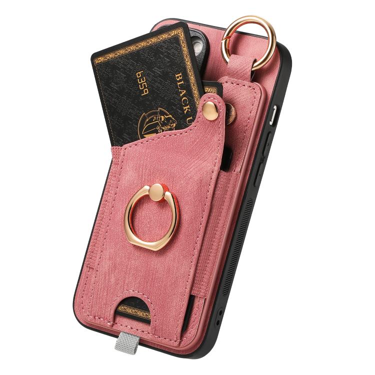 Funda para Teléfono iPhone 16E con Anillo y Tarjetero Estilo Retro con Asa para Colgar (Rosa)