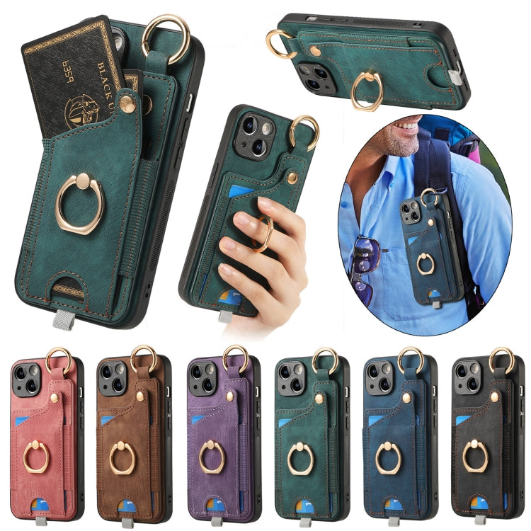 Funda para Teléfono iPhone 16E con Anillo y Tarjetero Estilo Retro con Asa para Colgar (Azul)