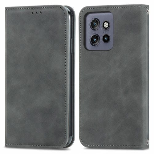 Funda de Cuero con Tapa Magnética y Tacto Retro para Motorola Edge 50 Neo (Gris)