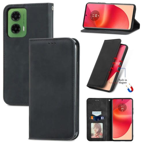 Funda de Cuero con Tapa Magnética y Tacto Retro para Motorola Moto G35 (Negro)