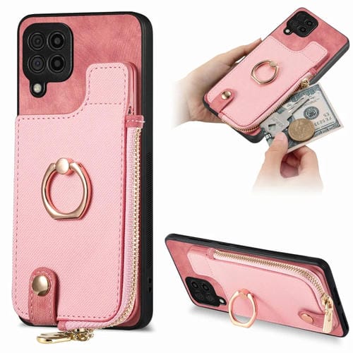Funda para Teléfono Samsung Galaxy A22 4G con Anillo de Cuero Cruzado Cremallera Vertical y Billetera (Rosa)