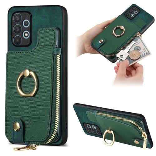 Funda para Teléfono Samsung Galaxy A52 5G Anillo de Cuero Cruzado Cremallera Vertical Billetera (Verde)