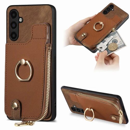 Funda para Teléfono Samsung Galaxy A34 5G con Anillo de Cuero Cruzado Cremallera Vertical y Billetera Trasera (Marrón)
