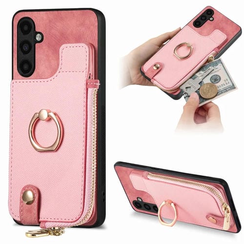 Funda para Teléfono Samsung Galaxy A34 5G con Anillo de Cuero Cruzado Cremallera Vertical y Billetera Trasera (Rosa)