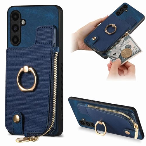 Funda para Teléfono Samsung Galaxy A34 5G con Anillo de Cuero Cruzado Cremallera Vertical y Billetera Trasera (Púrpura)