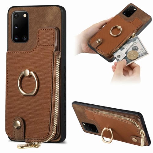 Funda para Teléfono Samsung Galaxy A31 con Anillo de Cuero Cruzado Cremallera Vertical y Billetera Trasera (Marrón)