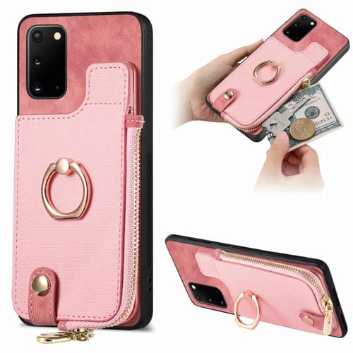 Funda para Teléfono Samsung Galaxy Note20 con Anillo de Cuero Cruzado Cremallera Vertical y Billetera Trasera (Rosa)