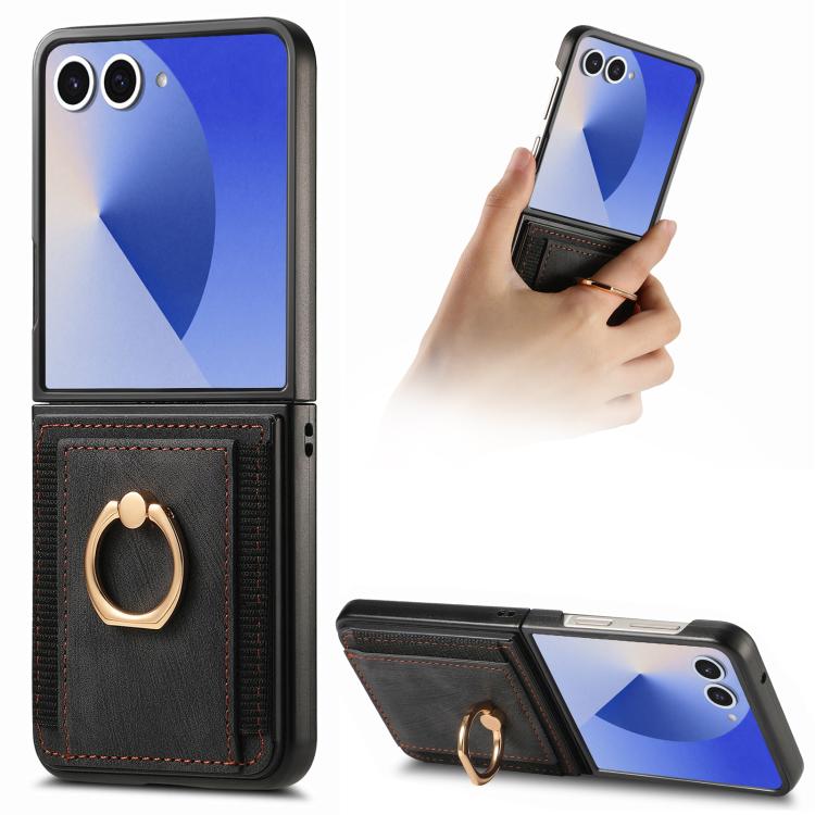 Funda para Samsung Galaxy Z Flip7 5G con diseño retro de piel sintética y tarjetero (negra)