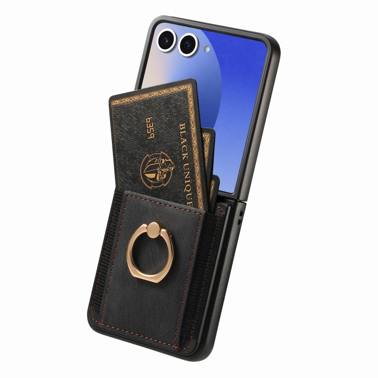 Funda para Samsung Galaxy Z Flip7 5G con diseño retro de piel sintética y tarjetero (negra)