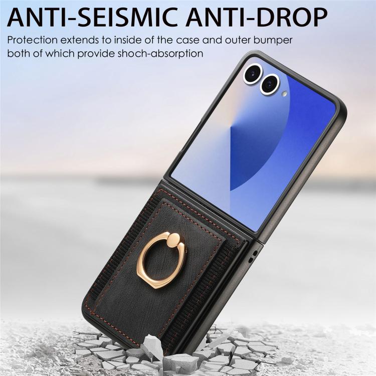 Funda para Samsung Galaxy Z Flip7 5G con diseño retro de piel sintética y tarjetero (negra)