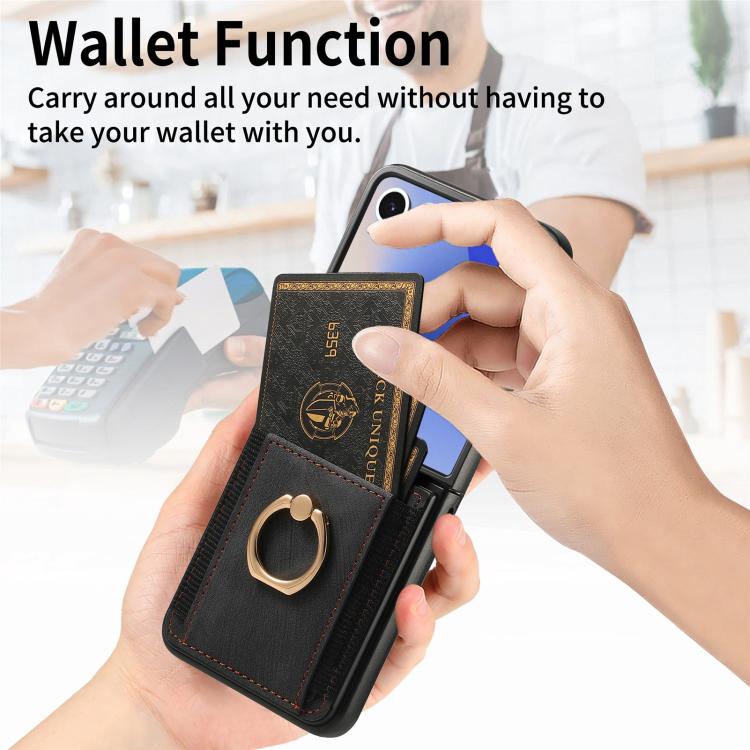 Funda para Samsung Galaxy Z Flip7 5G con diseño retro de piel sintética y tarjetero (negra)