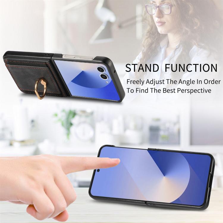 Funda para Samsung Galaxy Z Flip7 5G con diseño retro de piel sintética y tarjetero (negra)