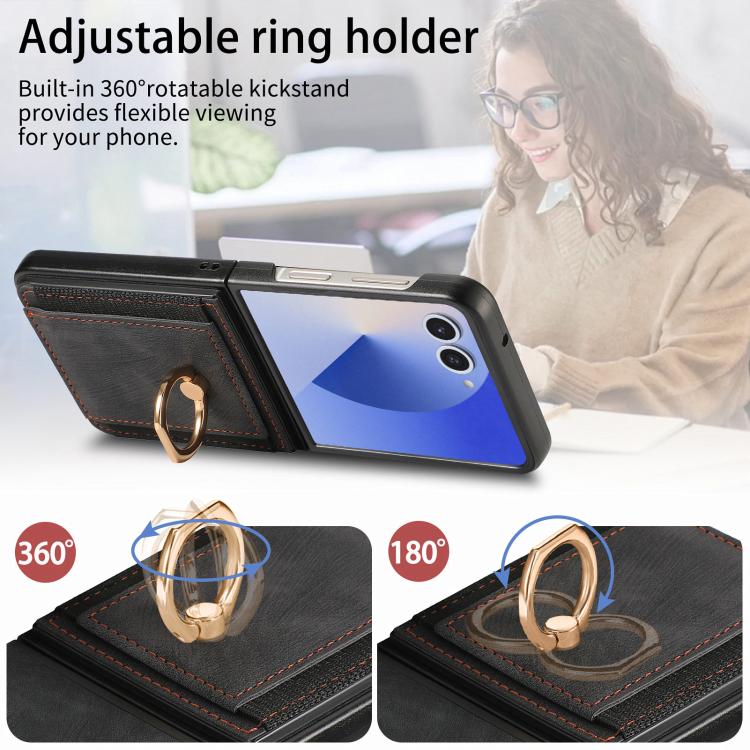 Funda para Samsung Galaxy Z Flip7 5G con diseño retro de piel sintética y tarjetero (negra)