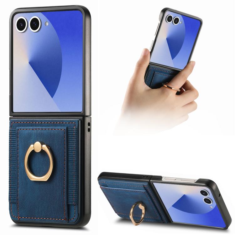 Funda para Samsung Galaxy Z Flip7 5G con diseño retro de piel sintética y tarjetero (azul)