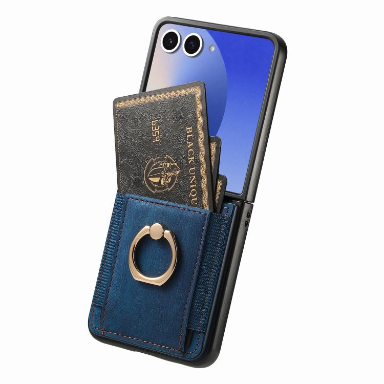 Funda para Samsung Galaxy Z Flip7 5G con diseño retro de piel sintética y tarjetero (azul)