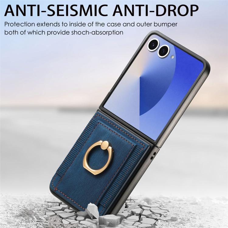 Funda para Samsung Galaxy Z Flip7 5G con diseño retro de piel sintética y tarjetero (azul)