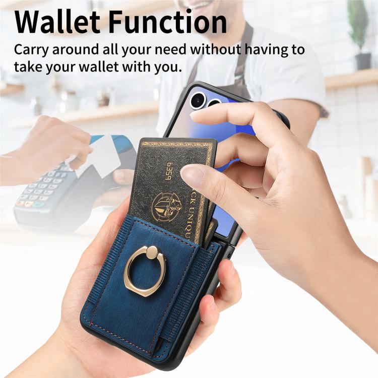 Funda para Samsung Galaxy Z Flip7 5G con diseño retro de piel sintética y tarjetero (azul)