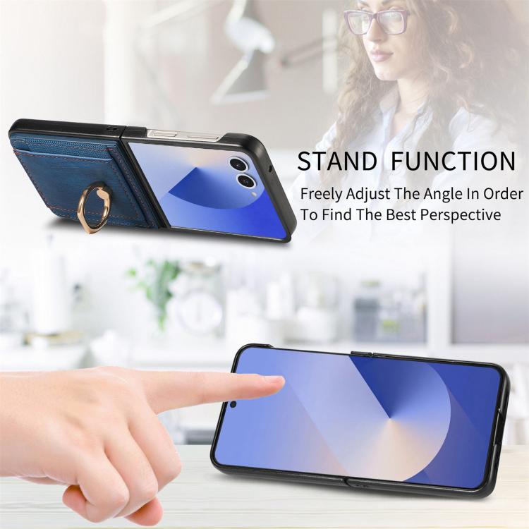 Funda para Samsung Galaxy Z Flip7 5G con diseño retro de piel sintética y tarjetero (azul)